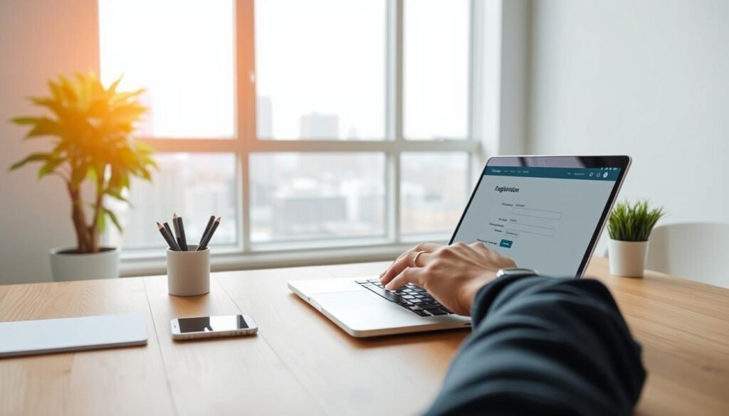 A serene, well-lit office interior with a clean, minimalist aesthetic. A laptop and smartphone sit on a modern, wooden desk, surrounded by minimal office supplies. In the foreground, a person's hands interact with the laptop, navigating an online unemployment registration interface. The background features a large window overlooking a cityscape, with soft, natural lighting filtering in. The overall scene conveys a sense of efficiency, simplicity, and the ease of managing one's unemployment status online. A serene, well-lit office interior with a clean, minimalist aesthetic. A laptop and smartphone sit on a modern, wooden desk, surrounded by minimal office supplies. In the foreground, a person's hands interact with the laptop, navigating an online unemployment registration interface. The background features a large window overlooking a cityscape, with soft, natural lighting filtering in. The overall scene conveys a sense of efficiency, simplicity, and the ease of managing one's unemployment status online.