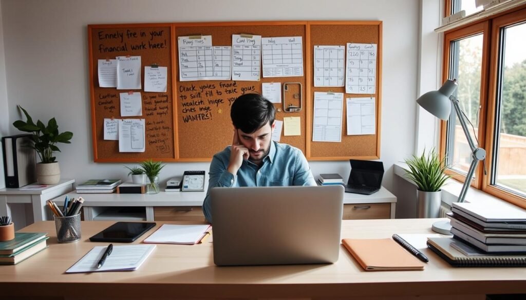 A serene, well-lit office setting with a large desk showcasing a laptop, notebook, and various office supplies. In the foreground, a person sits contemplatively, planning their financial strategy on the laptop. The middle ground features a corkboard with handwritten notes, schedules, and budgeting worksheets, conveying a sense of organized planning. The background showcases a window with a pleasant outdoor view, suggesting a peaceful, focused work environment. The overall mood is one of focused diligence, with a touch of natural light and tranquility, reflecting the thoughtful process of building a sustainable supplementary income stream.