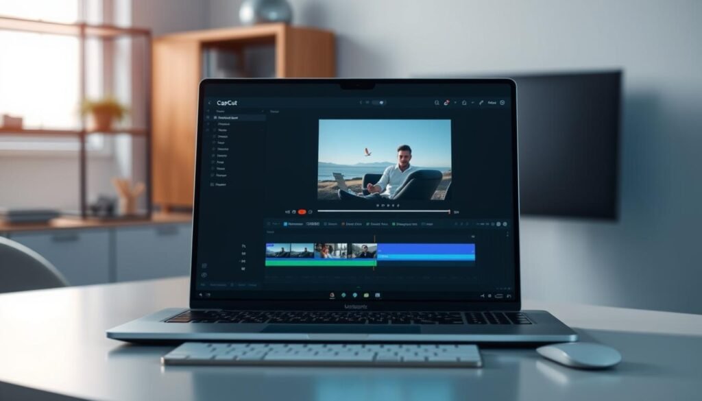 A sleek and modern desktop workspace with an open CapCut video editing application, showcasing its intuitive interface and powerful tools. Soft, diffused lighting illuminates the scene, creating a professional and inviting atmosphere. The display showcases a partially edited video clip, hinting at the app's capabilities to elevate user-generated content. In the background, blurred shelves or storage units suggest a well-organized, productivity-focused environment. The overall composition conveys the ease and versatility of CapCut, making it an ideal choice for beginner video editors looking to enhance their creations. A sleek and modern desktop workspace with an open CapCut video editing application, showcasing its intuitive interface and powerful tools. Soft, diffused lighting illuminates the scene, creating a professional and inviting atmosphere. The display showcases a partially edited video clip, hinting at the app's capabilities to elevate user-generated content. In the background, blurred shelves or storage units suggest a well-organized, productivity-focused environment. The overall composition conveys the ease and versatility of CapCut, making it an ideal choice for beginner video editors looking to enhance their creations.
