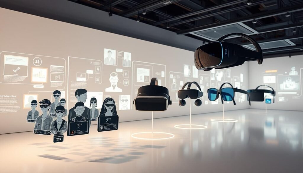 A sleek, futuristic display of "meta products" - digital avatars, virtual reality goggles, and holographic interfaces floating in a minimalist, high-tech environment. The foreground features a cluster of customizable digital personas, their profiles and interactions visualized through dynamic data visualizations. The middle ground showcases cutting-edge VR headsets and augmented reality smart glasses, their sleek designs hinting at the immersive digital experiences they enable. In the background, a vast, luminous expanse of holographic panels and projected interfaces, creating a sense of boundless technological possibilities. The lighting is crisp and evenly distributed, emphasizing the clean, modern aesthetics. The camera angle is slightly elevated, providing an omniscient perspective on this digital landscape, reflecting the transformative role of platforms, advertising, and data in shaping modern user experiences.