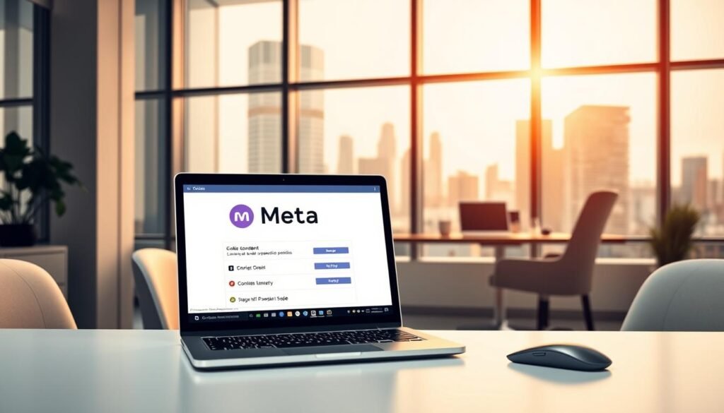 A sleek, minimalist office scene depicting the use of Meta products and cookies. The foreground shows a laptop screen displaying Meta's logo and cookie consent options. In the middle ground, a stylish desk setup with a mouse, keyboard, and a neatly arranged array of devices like a tablet and smartphone, all connected seamlessly. The background features large windows overlooking a modern cityscape, bathed in warm, natural lighting. The overall atmosphere conveys a sense of productivity, technological integration, and user-centric design, reflecting the article's focus on enhancing digital experiences through Meta's products and cookie management. A sleek, minimalist office scene depicting the use of Meta products and cookies. The foreground shows a laptop screen displaying Meta's logo and cookie consent options. In the middle ground, a stylish desk setup with a mouse, keyboard, and a neatly arranged array of devices like a tablet and smartphone, all connected seamlessly. The background features large windows overlooking a modern cityscape, bathed in warm, natural lighting. The overall atmosphere conveys a sense of productivity, technological integration, and user-centric design, reflecting the article's focus on enhancing digital experiences through Meta's products and cookie management.