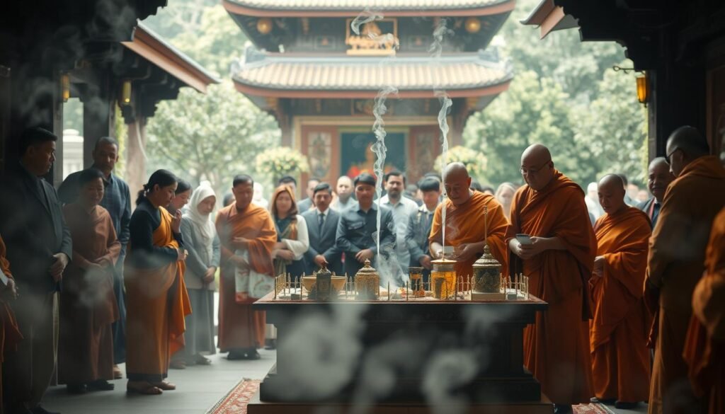 A solemn ceremony unfolds, as incense wisps fill the air, casting a serene, reverent atmosphere. In the foreground, a modest altar adorned with intricate carvings and offerings stands as the focal point. Surrounding it, monks in saffron robes lead the ritual, their movements measured and deliberate. In the middle ground, family members gather, solemnly participating, their expressions reflecting the gravity of the occasion. The background reveals a tranquil temple setting, with ornate architecture and lush greenery framing the scene, lending a timeless, ethereal quality to the image. The lighting is soft and diffused, casting a warm, contemplative glow over the entire composition. A solemn ceremony unfolds, as incense wisps fill the air, casting a serene, reverent atmosphere. In the foreground, a modest altar adorned with intricate carvings and offerings stands as the focal point. Surrounding it, monks in saffron robes lead the ritual, their movements measured and deliberate. In the middle ground, family members gather, solemnly participating, their expressions reflecting the gravity of the occasion. The background reveals a tranquil temple setting, with ornate architecture and lush greenery framing the scene, lending a timeless, ethereal quality to the image. The lighting is soft and diffused, casting a warm, contemplative glow over the entire composition.