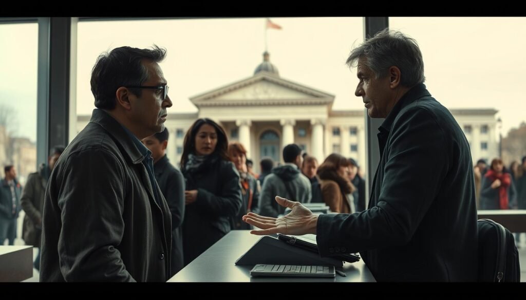 A solemn, realistic depiction of the United States service industry landscape, showcasing the challenges and limitations faced by consumers. Capture a mid-afternoon scene in a major metropolitan area, with a muted color palette of grays, blues, and earthy tones. In the foreground, a frustrated customer gestures animatedly while speaking to a service representative behind a counter, conveying the tension and friction in the interaction. In the middle ground, a line of people waits patiently, their expressions ranging from resignation to exasperation. In the background, the façade of a nondescript government building or service center looms, symbolizing the bureaucratic nature of the industry. Utilize natural lighting and a slightly tilted camera angle to heighten the sense of frustration and bureaucratic inertia. A solemn, realistic depiction of the United States service industry landscape, showcasing the challenges and limitations faced by consumers. Capture a mid-afternoon scene in a major metropolitan area, with a muted color palette of grays, blues, and earthy tones. In the foreground, a frustrated customer gestures animatedly while speaking to a service representative behind a counter, conveying the tension and friction in the interaction. In the middle ground, a line of people waits patiently, their expressions ranging from resignation to exasperation. In the background, the façade of a nondescript government building or service center looms, symbolizing the bureaucratic nature of the industry. Utilize natural lighting and a slightly tilted camera angle to heighten the sense of frustration and bureaucratic inertia.