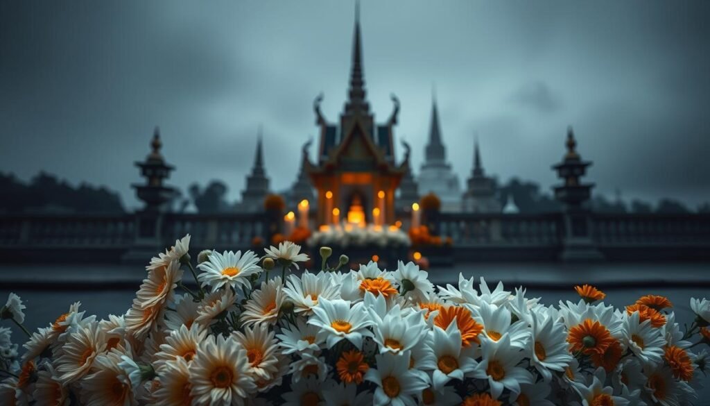 A somber, moody scene of funeral flowers in a Thai cultural context. In the foreground, an intricate arrangement of white and yellow chrysanthemums, jasmine, and marigolds, symbolizing purity, reverence, and the cycle of life and death. The middle ground features a traditional Thai altar with candles and incense, casting a warm, flickering glow. In the background, a temple's ornate spires and a hazy, atmospheric landscape evoke a sense of timelessness and the spiritual realm. Lighting is low-key, with dramatic shadows, creating a solemn, contemplative mood. The overall composition is balanced and harmonious, reflecting the reverence and significance of these funeral flowers in Thai culture. A somber, moody scene of funeral flowers in a Thai cultural context. In the foreground, an intricate arrangement of white and yellow chrysanthemums, jasmine, and marigolds, symbolizing purity, reverence, and the cycle of life and death. The middle ground features a traditional Thai altar with candles and incense, casting a warm, flickering glow. In the background, a temple's ornate spires and a hazy, atmospheric landscape evoke a sense of timelessness and the spiritual realm. Lighting is low-key, with dramatic shadows, creating a solemn, contemplative mood. The overall composition is balanced and harmonious, reflecting the reverence and significance of these funeral flowers in Thai culture.