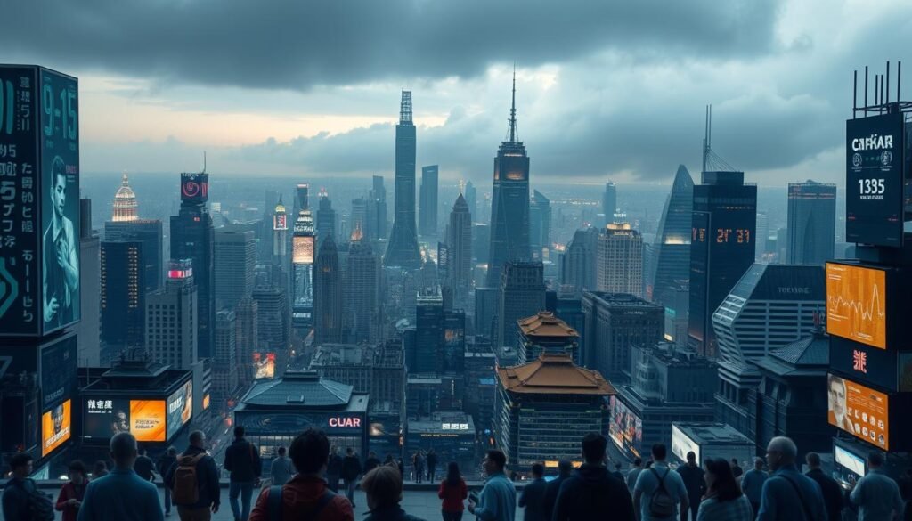 A sprawling cityscape, its skyline punctuated by towering digital displays, grappling with the rapid advancement of technology. In the foreground, figures move through the urban landscape, distracted by the ubiquitous screens, their faces aglow with the digital information that permeates every aspect of modern life. The middle ground reveals a mix of traditional and futuristic architecture, a juxtaposition that highlights the societal tensions arising from the digital revolution. In the background, an ominous cloud of ethical concerns looms, casting a shadow over the scene, a reminder of the complex moral dilemmas posed by the digital age. Soft, diffused lighting creates a sense of unease, underscoring the unsettling impact of the digital transformation on the social fabric. A sprawling cityscape, its skyline punctuated by towering digital displays, grappling with the rapid advancement of technology. In the foreground, figures move through the urban landscape, distracted by the ubiquitous screens, their faces aglow with the digital information that permeates every aspect of modern life. The middle ground reveals a mix of traditional and futuristic architecture, a juxtaposition that highlights the societal tensions arising from the digital revolution. In the background, an ominous cloud of ethical concerns looms, casting a shadow over the scene, a reminder of the complex moral dilemmas posed by the digital age. Soft, diffused lighting creates a sense of unease, underscoring the unsettling impact of the digital transformation on the social fabric.