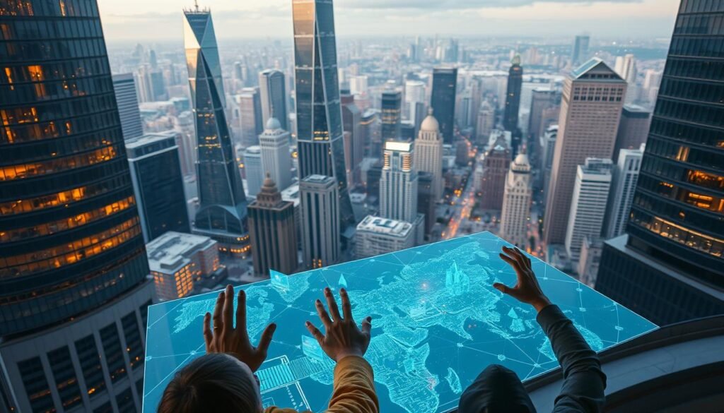 A sprawling cityscape with towering skyscrapers, gleaming glass facades, and bustling streets. In the foreground, a group of people interacting with a holographic interface, their hands gesturing animatedly as they navigate a digital landscape. The atmosphere is one of efficiency and technological advancement, with a sense of seamless integration between the physical and digital realms. The lighting is a balanced mix of natural daylight and subtle, ambient lighting from the holographic displays, creating a warm and inviting ambiance. The camera angle is slightly elevated, providing a bird's-eye view that captures the scope and scale of the scene, emphasizing the "digital experience" at the heart of the image.