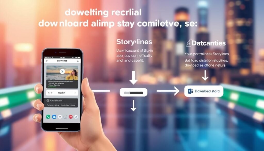 A step-by-step instructional illustration showcasing the fast and efficient process of downloading Storylines on a digital device. In the foreground, a hand holding a modern smartphone displays the Storylines app interface, with clear navigation buttons and an intuitive user experience. In the middle ground, a simplified schematic diagram outlines the key steps involved, such as account sign-in, content selection, and download initiation. The background features a blurred, futuristic cityscape, conveying a sense of technological advancement and progress. The overall scene is bathed in a warm, inviting color palette, creating a welcoming and user-friendly atmosphere. Lighting is soft and diffused, with subtle shadows and highlights accentuating the key elements. The camera angle is slightly elevated, providing an accessible and informative perspective for the viewer.