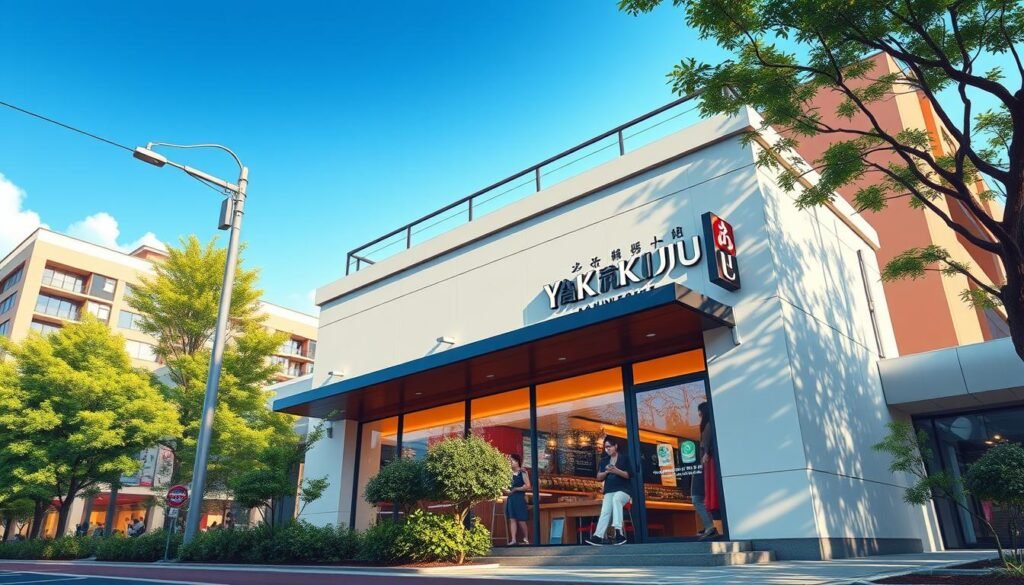 A stunning and detailed architectural illustration of the Yakiniku Luc branch, showcasing its modern and sleek design. Captured from an eye-level perspective, the image highlights the clean lines, large windows, and minimalist signage that create a welcoming atmosphere. The building is situated in a vibrant urban setting, with lush foliage and a clear blue sky in the background, conveying a sense of tranquility and sophistication. The scene is illuminated by warm, natural lighting, casting subtle shadows and highlighting the textures of the materials used. The overall composition and attention to detail aim to showcase the unique qualities and appeal of this Yakiniku Luc branch location.