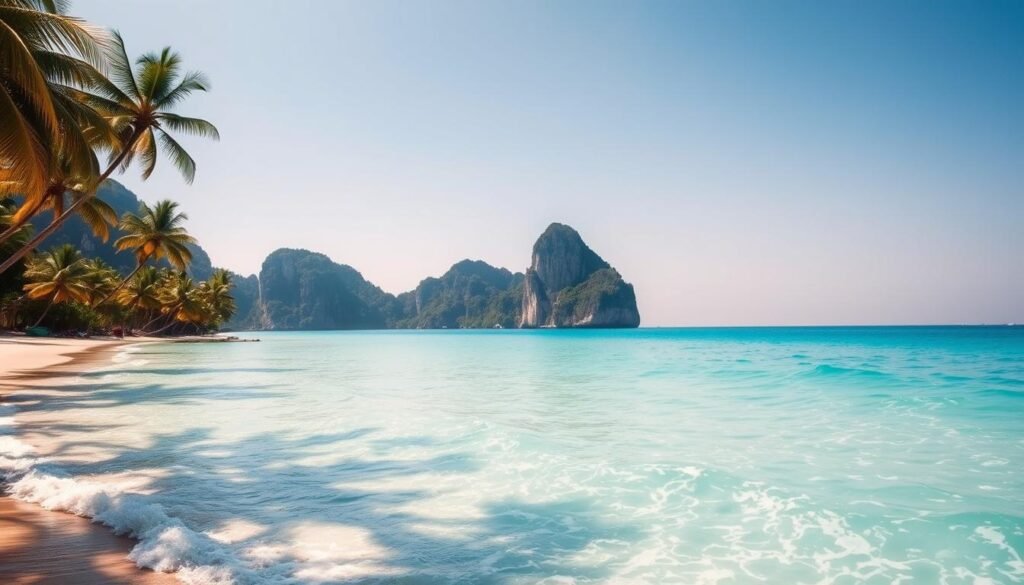 A stunning seascape of the crystal-clear waters of Ao Nang Bay, also known as Ao Manao, located on the island of Phi Phi in Thailand. In the foreground, the turquoise waves gently lap against the pristine white sand beach, dotted with lush palm trees swaying in the gentle breeze. The middle ground features the iconic limestone cliffs that rise majestically from the sea, their rugged formations casting dramatic shadows on the water. In the distance, a hazy blue horizon merges seamlessly with the cloudless sky, creating a serene and peaceful atmosphere. The scene is bathed in warm, golden sunlight, evoking a sense of tranquility and natural beauty.