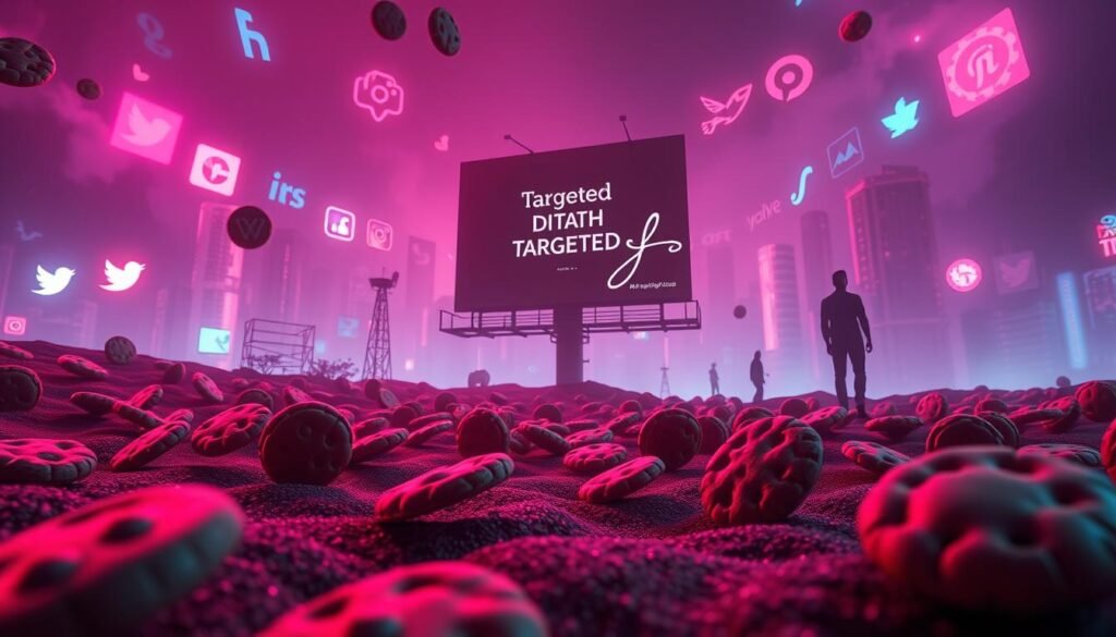A surreal digital landscape where meta products and platforms seamlessly intertwine. In the foreground, intricate cookie designs dance across the screen, representing the ubiquity of online tracking and data collection. The middle ground features a towering billboard displaying targeted advertisements, casting an ominous glow over the scene. In the background, the silhouettes of various social media and tech platforms loom, their influence permeating every corner of this virtual realm. The lighting is a blend of neon hues, creating an eerie, hypnotic atmosphere that reflects the unseen, yet ever-present, impact of these meta products on our digital lives. A surreal digital landscape where meta products and platforms seamlessly intertwine. In the foreground, intricate cookie designs dance across the screen, representing the ubiquity of online tracking and data collection. The middle ground features a towering billboard displaying targeted advertisements, casting an ominous glow over the scene. In the background, the silhouettes of various social media and tech platforms loom, their influence permeating every corner of this virtual realm. The lighting is a blend of neon hues, creating an eerie, hypnotic atmosphere that reflects the unseen, yet ever-present, impact of these meta products on our digital lives.