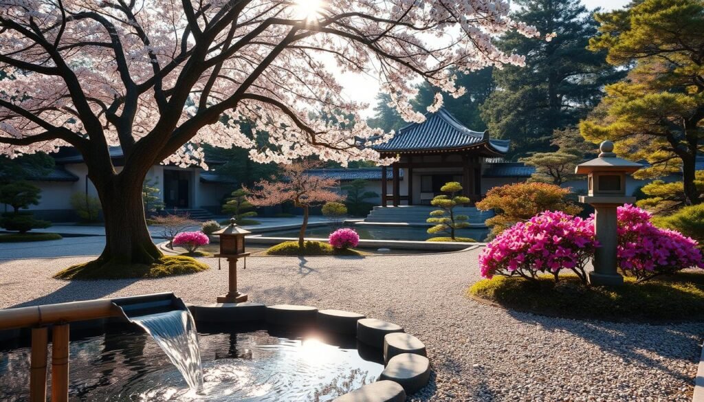 A tranquil Japanese garden, with neatly raked gravel paths leading to a peaceful pond. Gentle rays of sunlight filter through the branches of a majestic cherry blossom tree, casting a warm, soft glow over the scene. In the foreground, a delicate bamboo water feature trickles softly, its rhythmic flow creating a calming ambiance. The middle ground is dotted with carefully pruned bonsai trees and vibrant azalea bushes, their vibrant colors contrasting with the muted tones of the stone lanterns. In the background, a traditional Japanese temple emerges, its pagoda-style roof and intricate architectural details evoking a sense of timeless serenity. The overall atmosphere is one of quiet contemplation and harmony, inviting the viewer to pause and immerse themselves in the serene beauty of this tranquil landscape. A tranquil Japanese garden, with neatly raked gravel paths leading to a peaceful pond. Gentle rays of sunlight filter through the branches of a majestic cherry blossom tree, casting a warm, soft glow over the scene. In the foreground, a delicate bamboo water feature trickles softly, its rhythmic flow creating a calming ambiance. The middle ground is dotted with carefully pruned bonsai trees and vibrant azalea bushes, their vibrant colors contrasting with the muted tones of the stone lanterns. In the background, a traditional Japanese temple emerges, its pagoda-style roof and intricate architectural details evoking a sense of timeless serenity. The overall atmosphere is one of quiet contemplation and harmony, inviting the viewer to pause and immerse themselves in the serene beauty of this tranquil landscape.