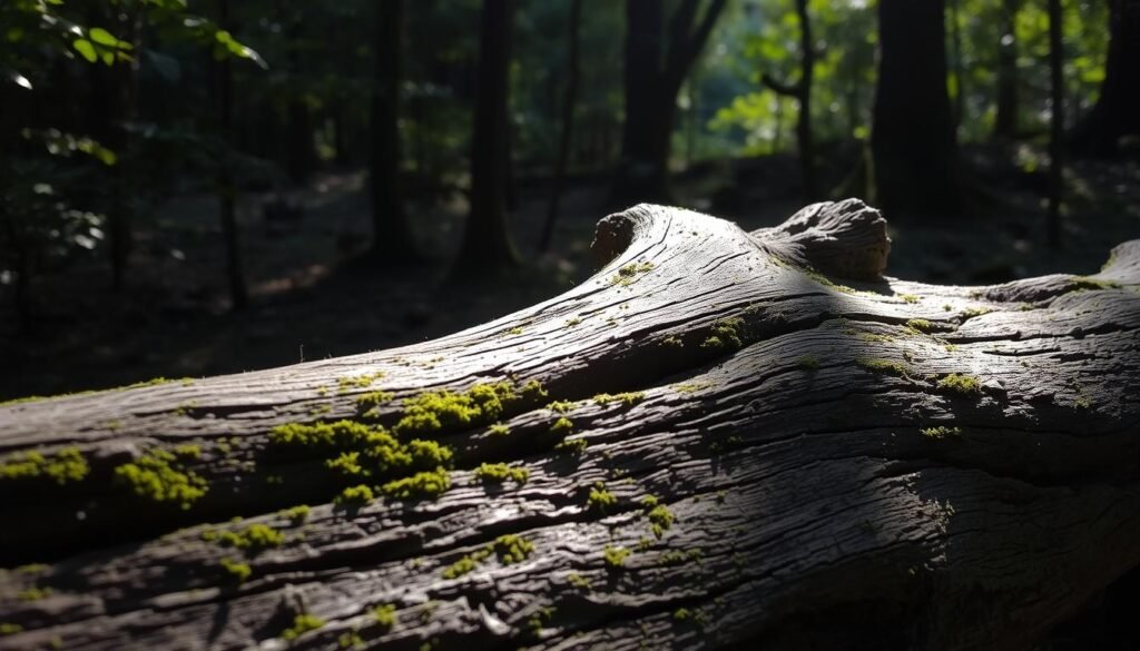 A tranquil log, weathered and moss-covered, resting peacefully amidst a lush forest. Filtered sunlight dances across the rough surface, casting intricate patterns. The log's form is captured in a serene, meditative composition, inviting the viewer to pause and contemplate the connection between dreams, personal reflections, and the natural world. The scene conveys a sense of grounded spirituality, encouraging mindful exploration of the subconscious and the significance of personal narratives.