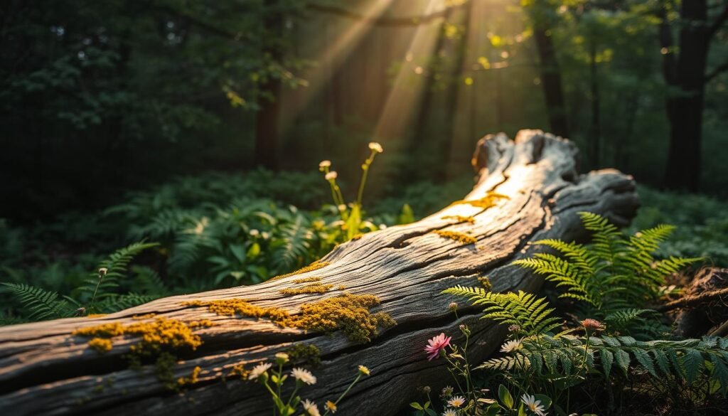 A tranquil, rustic scene of an ancient log lying amidst a verdant forest glade. Soft, diffused sunlight filters through the canopy, casting a warm, golden glow on the weathered, mossy surface of the log. Lush ferns and delicate wildflowers surround the log, creating a serene, natural composition. The log appears to have been there for years, a silent witness to the passage of time. The overall atmosphere is one of calm, contemplation, and a connection to the natural world.