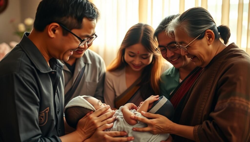 A tranquil scene of a Thai family gathered around a newborn boy, celebrating his arrival and the auspicious day of his birth. The soft, warm lighting casts a gentle glow, as the parents and grandparents reverently bestow upon him a name that will guide his path, infusing it with the blessings of the day. The mood is one of reverence, joy, and a deep sense of connection to cultural traditions. The composition frames the child at the center, surrounded by the loving embrace of his family, their faces radiating pride and anticipation for the child's future. A tranquil scene of a Thai family gathered around a newborn boy, celebrating his arrival and the auspicious day of his birth. The soft, warm lighting casts a gentle glow, as the parents and grandparents reverently bestow upon him a name that will guide his path, infusing it with the blessings of the day. The mood is one of reverence, joy, and a deep sense of connection to cultural traditions. The composition frames the child at the center, surrounded by the loving embrace of his family, their faces radiating pride and anticipation for the child's future.