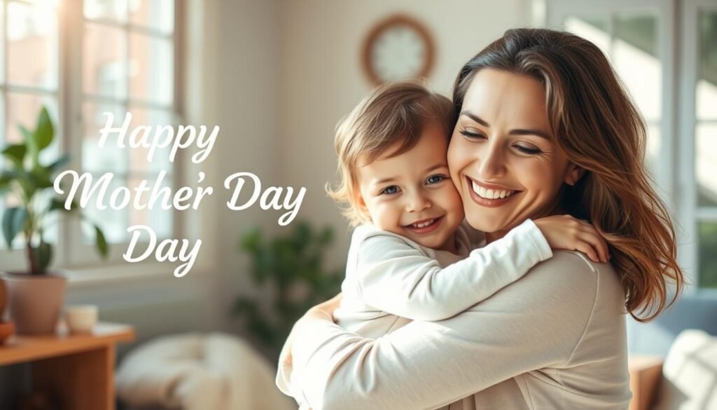 A tranquil, sun-dappled scene of a loving mother and her child, their embrace radiating warmth and affection. The mother's gentle smile and the child's joyful expression capture the essence of Mother's Day. The background features a cozy, home-like setting, with soft, muted tones and a hint of nature's beauty through a window or garden elements. The lighting is natural and diffused, creating a serene, intimate atmosphere. The composition draws the viewer's gaze to the central figures, highlighting the bond between mother and child.