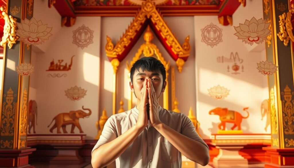 A tranquil temple scene with a central figure performing a graceful wai gesture, palms pressed together in reverence. Soft natural lighting illuminates the ornate gold and red decor, capturing the reverent atmosphere. In the background, simplified depictions of auspicious symbols like elephants, lotus flowers, and celestial motifs create a sense of spiritual harmony. The composition emphasizes the importance of proper etiquette and respect when engaging in traditional Thai rituals and practices. A tranquil temple scene with a central figure performing a graceful wai gesture, palms pressed together in reverence. Soft natural lighting illuminates the ornate gold and red decor, capturing the reverent atmosphere. In the background, simplified depictions of auspicious symbols like elephants, lotus flowers, and celestial motifs create a sense of spiritual harmony. The composition emphasizes the importance of proper etiquette and respect when engaging in traditional Thai rituals and practices.