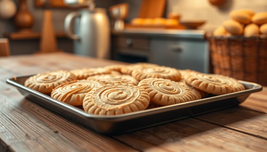 A tray of freshly baked, golden-brown cookies sits on a rustic wooden table, their tempting aroma filling the air. Carefully crafted with delicate attention to detail, each cookie features intricate designs and swirls, hinting at the care and precision that went into their creation. The warm lighting casts a cozy glow, accentuating the inviting texture of the cookies' surfaces. In the background, a softly blurred backdrop of a cozy kitchen or bakery setting adds to the sense of comfort and hominess. The overall composition evokes a feeling of security, nostalgia, and the simple pleasures of indulging in a delightful homemade treat. A tray of freshly baked, golden-brown cookies sits on a rustic wooden table, their tempting aroma filling the air. Carefully crafted with delicate attention to detail, each cookie features intricate designs and swirls, hinting at the care and precision that went into their creation. The warm lighting casts a cozy glow, accentuating the inviting texture of the cookies' surfaces. In the background, a softly blurred backdrop of a cozy kitchen or bakery setting adds to the sense of comfort and hominess. The overall composition evokes a feeling of security, nostalgia, and the simple pleasures of indulging in a delightful homemade treat.