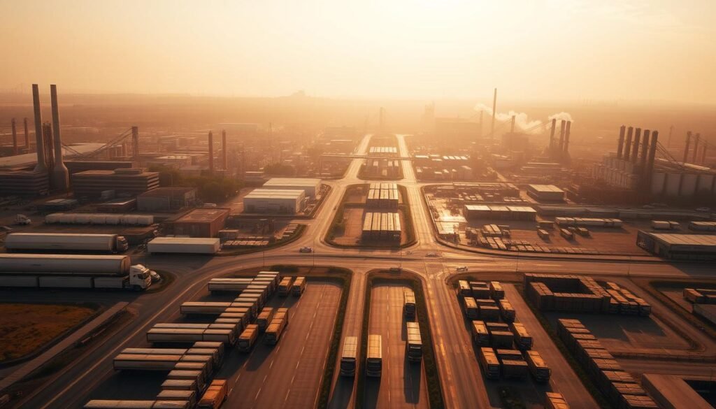 A vast industrial estate sprawls across the landscape, with towering factories and warehouses dotting the horizon. The scene is bathed in a warm, golden light, casting long shadows across the asphalt roads and concrete structures. In the foreground, rows of neatly aligned trucks and vehicles suggest a bustling hub of activity, while in the distance, a hazy skyline of smoke and steam hints at the manufacturing processes at work. The composition is balanced, with a mix of geometric shapes and textures, creating a sense of order and efficiency. The overall atmosphere conveys the industrious nature of Thailand's thriving manufacturing sector.