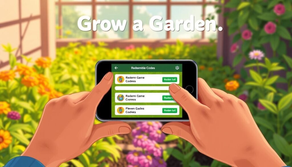 A vibrant and detailed illustration of the process of redeeming game codes in the "Grow a Garden" app. The scene depicts a young person's hands holding a smartphone, with the screen displaying a selection of redeemable codes. In the background, a lush, verdant garden flourishes, symbolizing the rewards of engaging with the game. The lighting is warm and natural, with gentle shadows and highlights accentuating the textures of the smartphone and the greenery. The composition is balanced, drawing the viewer's attention to the central action of redeeming the codes. The overall mood is one of excitement and anticipation, inviting the viewer to imagine the joy of cultivating their own virtual garden. A vibrant and detailed illustration of the process of redeeming game codes in the "Grow a Garden" app. The scene depicts a young person's hands holding a smartphone, with the screen displaying a selection of redeemable codes. In the background, a lush, verdant garden flourishes, symbolizing the rewards of engaging with the game. The lighting is warm and natural, with gentle shadows and highlights accentuating the textures of the smartphone and the greenery. The composition is balanced, drawing the viewer's attention to the central action of redeeming the codes. The overall mood is one of excitement and anticipation, inviting the viewer to imagine the joy of cultivating their own virtual garden.