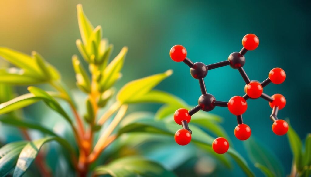 A vibrant and detailed illustration of โมกรอสไซด์, a key medicinal compound found in the herbal remedy known as "หล่อ ฮั ง ก๊ ว ย". The foreground showcases the intricate molecular structure of this compound, rendered in bold, saturated colors and sharp lines to convey its scientific and botanical essence. The middle ground depicts the lush, verdant leaves and stems of the herbal plant, captured in a realistic, high-definition style that emphasizes its natural origins. The background features a soft, diffused lighting scheme that creates a sense of depth and atmosphere, subtly hinting at the therapeutic potential of this important phytochemical. Overall, the image aims to visually communicate the value and significance of โมกรอสไซด์ within the context of traditional herbal medicine and modern health applications. A vibrant and detailed illustration of โมกรอสไซด์, a key medicinal compound found in the herbal remedy known as "หล่อ ฮั ง ก๊ ว ย". The foreground showcases the intricate molecular structure of this compound, rendered in bold, saturated colors and sharp lines to convey its scientific and botanical essence. The middle ground depicts the lush, verdant leaves and stems of the herbal plant, captured in a realistic, high-definition style that emphasizes its natural origins. The background features a soft, diffused lighting scheme that creates a sense of depth and atmosphere, subtly hinting at the therapeutic potential of this important phytochemical. Overall, the image aims to visually communicate the value and significance of โมกรอสไซด์ within the context of traditional herbal medicine and modern health applications.