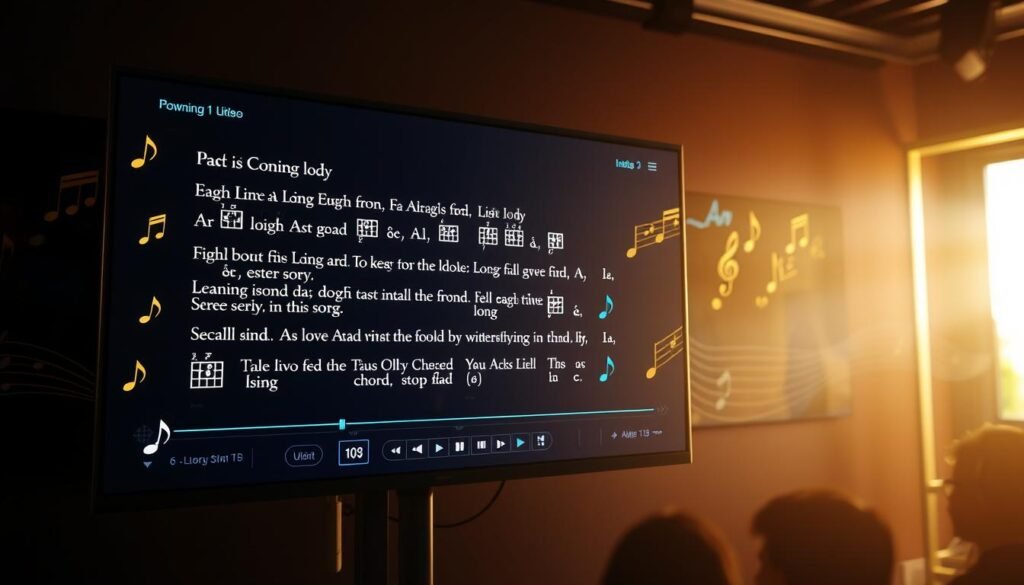 A vibrant and dynamic video screen displaying musical notes, guitar chords, and rhythmic pulses. The foreground features a large, central display with a crisp, high-definition resolution, showcasing the core elements of the song lyrics and chord progressions. The middle ground contains a sleek, minimalist interface with intuitive controls, allowing the user to navigate and interact with the content. The background subtly fades into a warm, ambient lighting, creating a immersive and harmonious atmosphere. The overall composition conveys a sense of musical exploration, guiding the viewer through the essential elements of the song. A vibrant and dynamic video screen displaying musical notes, guitar chords, and rhythmic pulses. The foreground features a large, central display with a crisp, high-definition resolution, showcasing the core elements of the song lyrics and chord progressions. The middle ground contains a sleek, minimalist interface with intuitive controls, allowing the user to navigate and interact with the content. The background subtly fades into a warm, ambient lighting, creating a immersive and harmonious atmosphere. The overall composition conveys a sense of musical exploration, guiding the viewer through the essential elements of the song.