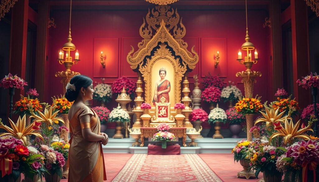 A vibrant and intricate scene depicting the symbols, colors, and ceremonial aspects of Thailand's National Mother's Day celebrations in the present reign. In the foreground, a graceful female figure wearing a traditional Thai silk dress stands amidst a backdrop of ornate floral arrangements in hues of gold, pink, and purple. In the middle ground, a ceremonial altar displays an image of the revered Queen Mother, adorned with exquisite decorations and offerings. The background features a serene temple or palace setting, bathed in warm, diffused lighting that casts a contemplative atmosphere. The overall composition conveys a sense of reverence, cultural heritage, and the profound significance of this national observance.