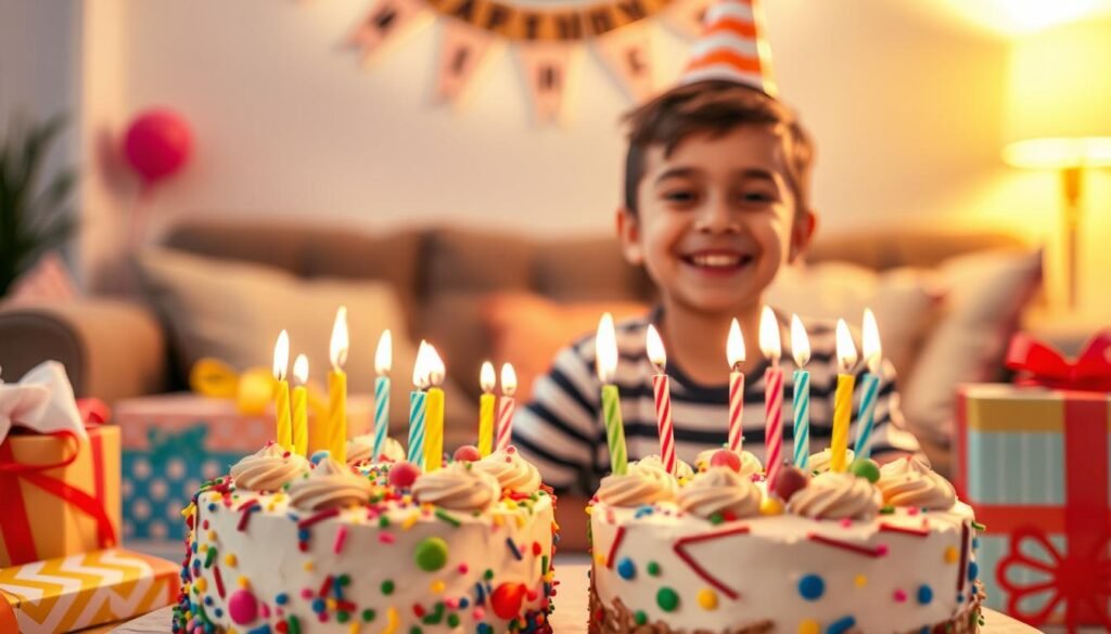 A vibrant and joyful birthday scene set in a cozy, home-like environment. In the foreground, a playful and cheerful birthday cake with colorful decorations and candles, surrounded by an assortment of birthday gifts and decorations. In the middle ground, a happy, smiling young boy, the birthday celebrant, seated at a table and looking excited to blow out the candles. The background features warm, soft lighting, creating a welcoming and celebratory atmosphere, with subtle, blurred details of a living room or family space. The overall composition and color palette convey a sense of love, happiness, and the special occasion of a child's birthday. A vibrant and joyful birthday scene set in a cozy, home-like environment. In the foreground, a playful and cheerful birthday cake with colorful decorations and candles, surrounded by an assortment of birthday gifts and decorations. In the middle ground, a happy, smiling young boy, the birthday celebrant, seated at a table and looking excited to blow out the candles. The background features warm, soft lighting, creating a welcoming and celebratory atmosphere, with subtle, blurred details of a living room or family space. The overall composition and color palette convey a sense of love, happiness, and the special occasion of a child's birthday.