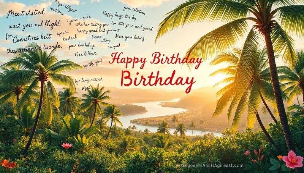 A vibrant and thoughtful birthday greeting card, featuring a serene tropical landscape with lush palm trees swaying in the gentle breeze. The foreground showcases a carefully curated selection of heartfelt handwritten messages, calligraphic designs, and colorful illustrations that convey a sense of warmth, joy, and personalized affection. The middle ground depicts a dreamy, sun-dappled scene with a tranquil beach and a softly flowing river, while the background is a panoramic vista of rolling hills and a radiant sunset sky. Soft, natural lighting bathes the entire composition, creating a serene and inviting atmosphere that evokes a feeling of heartfelt celebration and sincere well-wishes. A vibrant and thoughtful birthday greeting card, featuring a serene tropical landscape with lush palm trees swaying in the gentle breeze. The foreground showcases a carefully curated selection of heartfelt handwritten messages, calligraphic designs, and colorful illustrations that convey a sense of warmth, joy, and personalized affection. The middle ground depicts a dreamy, sun-dappled scene with a tranquil beach and a softly flowing river, while the background is a panoramic vista of rolling hills and a radiant sunset sky. Soft, natural lighting bathes the entire composition, creating a serene and inviting atmosphere that evokes a feeling of heartfelt celebration and sincere well-wishes.