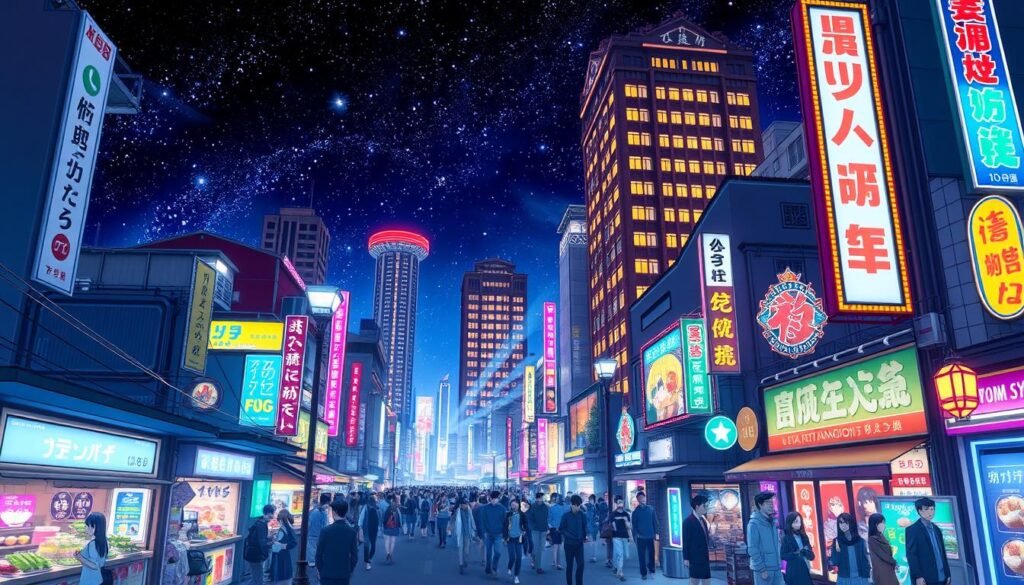 A vibrant, bustling Yaiba Entertainment District illuminated by neon lights and bustling crowds. In the foreground, a lively street scene with food stalls, shops, and locals mingling. In the middle ground, towering buildings with distinctive Japanese architectural features, their windows glowing warmly. The background is dominated by a stunning night sky, stars twinkling above the district. The overall atmosphere is one of energy, wonder, and a touch of mystery, perfectly capturing the essence of the "Demon Slayer" anime world. A vibrant, bustling Yaiba Entertainment District illuminated by neon lights and bustling crowds. In the foreground, a lively street scene with food stalls, shops, and locals mingling. In the middle ground, towering buildings with distinctive Japanese architectural features, their windows glowing warmly. The background is dominated by a stunning night sky, stars twinkling above the district. The overall atmosphere is one of energy, wonder, and a touch of mystery, perfectly capturing the essence of the "Demon Slayer" anime world.