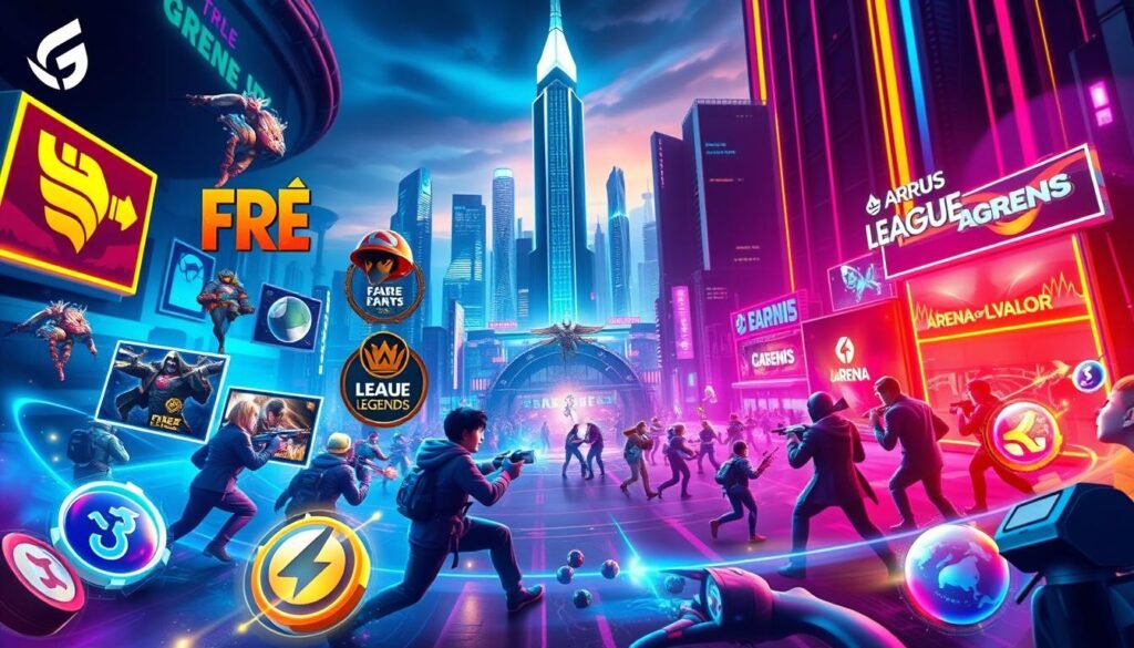 A vibrant, detailed image showcasing the most popular games on the Garena platform. Set in a dynamic, neon-infused environment, the foreground features dynamic icons and logos of iconic Garena games like Free Fire, League of Legends, and Arena of Valor, rendered with a sense of energy and depth. The middle ground depicts a bustling mobile gaming scene, with players immersed in intense matches, surrounded by holographic UI elements and futuristic technology. The background sets the scene with a sleek, futuristic city skyline, bathed in a vibrant, cyberpunk-inspired color palette. The overall composition conveys the excitement, diversity, and cutting-edge nature of the Garena gaming ecosystem.