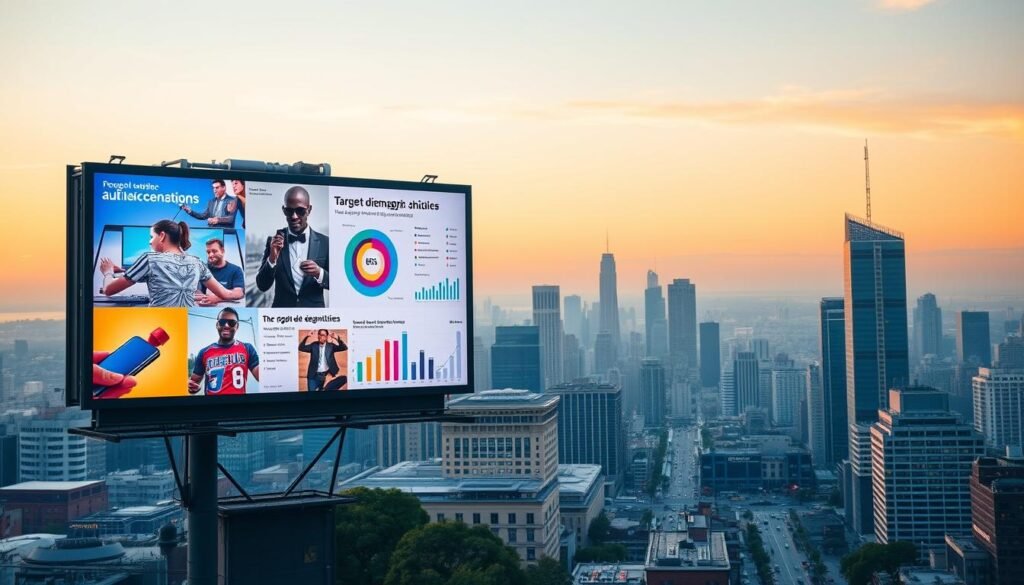 A vibrant digital billboard against a city skyline, featuring a collage of eye-catching advertisements. In the foreground, a series of sleek product shots and lifestyle imagery. In the middle ground, targeted audience demographics and segmentation data visualizations. In the background, a panoramic view of skyscrapers and bustling streets, bathed in warm, golden-hour lighting. The overall composition conveys the power and reach of modern advertising, showcasing the diverse tools and strategies available to connect with consumers.