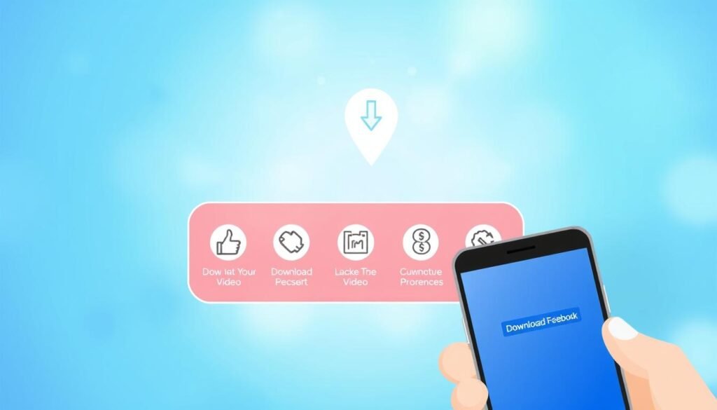 A vibrant digital illustration depicting the straightforward process of downloading Facebook videos. In the foreground, a smartphone screen displays the Facebook interface, with a prominent "Download" button beckoning the user. The middle ground showcases a series of simple, step-by-step icons guiding the viewer through the download procedure. The background features a soft, blurred gradient in shades of blue and green, evoking a sense of digital connectivity and technology. The overall composition is clean, modern, and visually engaging, capturing the ease and accessibility of the Facebook video download experience. A vibrant digital illustration depicting the straightforward process of downloading Facebook videos. In the foreground, a smartphone screen displays the Facebook interface, with a prominent "Download" button beckoning the user. The middle ground showcases a series of simple, step-by-step icons guiding the viewer through the download procedure. The background features a soft, blurred gradient in shades of blue and green, evoking a sense of digital connectivity and technology. The overall composition is clean, modern, and visually engaging, capturing the ease and accessibility of the Facebook video download experience.