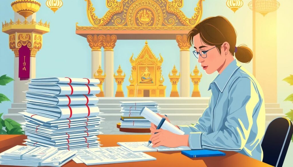 A vibrant, highly detailed illustration of the application process for a teaching license in Thailand. The foreground features a person sitting at a desk, meticulously filling out official forms and documents. The middle ground showcases a stack of papers, stamps, and other administrative materials associated with the licensing procedure. In the background, an ornate, traditional Thai architectural motif sets the scene, conveying a sense of the official, institutional nature of the process. The lighting is warm and inviting, creating a professional yet approachable atmosphere. The overall composition emphasizes the step-by-step, methodical nature of the "ครุ สภา: ขั้นตอนสมัครใบอนุญาตประกอบวิชาชีพครู (อัปเดตปัจจุบัน)" process. A vibrant, highly detailed illustration of the application process for a teaching license in Thailand. The foreground features a person sitting at a desk, meticulously filling out official forms and documents. The middle ground showcases a stack of papers, stamps, and other administrative materials associated with the licensing procedure. In the background, an ornate, traditional Thai architectural motif sets the scene, conveying a sense of the official, institutional nature of the process. The lighting is warm and inviting, creating a professional yet approachable atmosphere. The overall composition emphasizes the step-by-step, methodical nature of the "ครุ สภา: ขั้นตอนสมัครใบอนุญาตประกอบวิชาชีพครู (อัปเดตปัจจุบัน)" process.