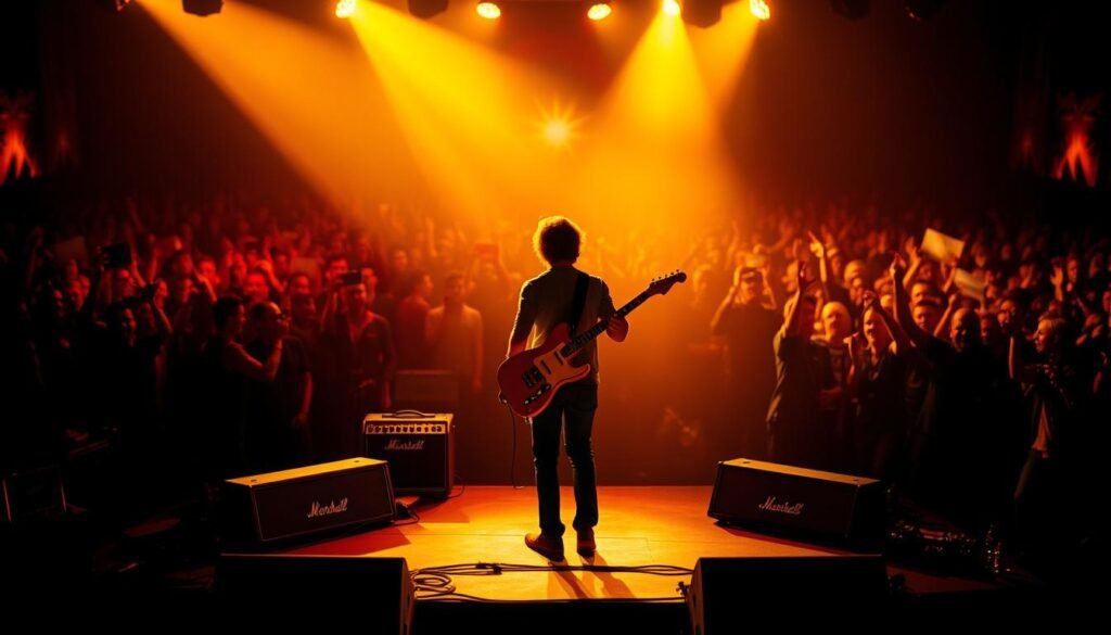 A vibrant landscape of a musician's comeback, featuring a center stage with a lone figure wielding an electric guitar, bathed in warm, golden lighting that casts dramatic shadows. The background is a blur of cheering crowds, their silhouettes creating a sense of energy and anticipation. The composition is balanced, with the guitarist occupying the foreground, while the middle ground features amplifiers and other stage equipment, leading the eye towards the blurred background. The lighting is cinematic, creating a sense of drama and emotion, reflecting the intensity of the moment. The overall mood is one of triumph and redemption, capturing the essence of a long-awaited comeback.