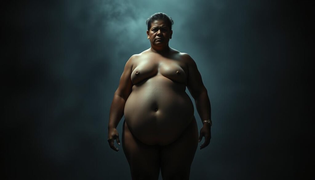 A visually captivating interpretation of "ตีความอารมณ์ big ass", featuring a striking figure against a moody, atmospheric backdrop. The central subject, a person with an exaggerated, voluptuous physique, stands in a dramatic pose, their expression conveying a range of emotive qualities - contemplative, defiant, and unapologetic. The lighting is low-key, casting dramatic shadows that accentuate the form and contribute to the overall sense of tension and intensity. The background is hazy, with muted, earthy tones that provide a complementary palette, allowing the subject to take center stage. The composition is bold and visually compelling, capturing the essence of the lyrical theme and inviting the viewer to engage with the emotive interpretation.