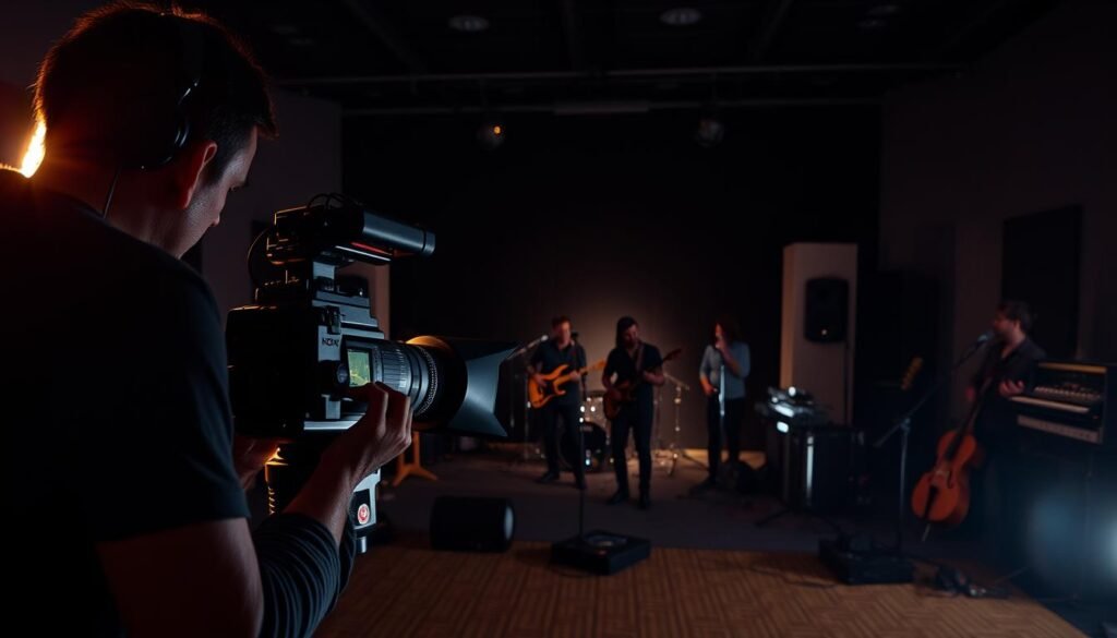 A visually striking music video set in a dimly lit recording studio. The foreground features a skilled cinematographer carefully framing the shot, with a high-end video camera and professional lighting equipment. In the middle ground, a band performs passionately, their instruments and silhouettes casting dramatic shadows across the studio walls. The background showcases various musical instruments, sound equipment, and studio paraphernalia, creating a sense of depth and authenticity. The overall mood is one of artistic intensity and creative energy, capturing the essence of the music video production process. A visually striking music video set in a dimly lit recording studio. The foreground features a skilled cinematographer carefully framing the shot, with a high-end video camera and professional lighting equipment. In the middle ground, a band performs passionately, their instruments and silhouettes casting dramatic shadows across the studio walls. The background showcases various musical instruments, sound equipment, and studio paraphernalia, creating a sense of depth and authenticity. The overall mood is one of artistic intensity and creative energy, capturing the essence of the music video production process.
