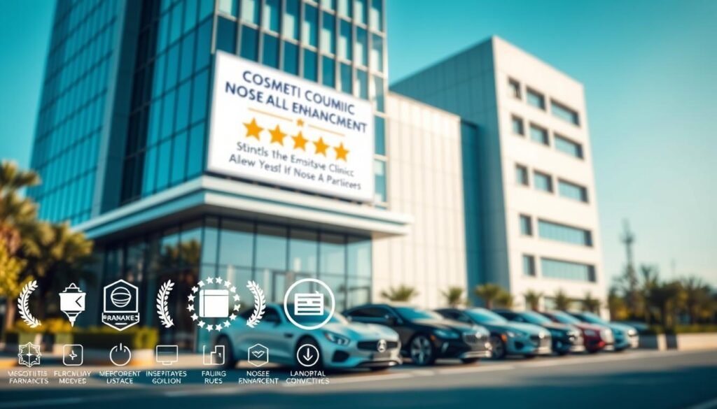 A visually striking scene of a modern medical clinic, its facade adorned with a prominent sign displaying the ranking of its cosmetic nose enhancement services. The building stands tall, its sleek glass and steel construction casting a professional, high-end impression. In the foreground, a series of stylized icons or logos representing the clinic's various specialty areas, treatments, and accolades. The mid-ground features a row of luxury vehicles, hinting at the affluent clientele that frequent this establishment. The background is softly blurred, emphasizing the focal point of the image - the clinic itself, and the sense of authority and expertise it projects. The lighting is crisp and clean, lending an air of clinical precision to the scene. An overall mood of exclusivity, prestige, and the pursuit of aesthetic perfection. A visually striking scene of a modern medical clinic, its facade adorned with a prominent sign displaying the ranking of its cosmetic nose enhancement services. The building stands tall, its sleek glass and steel construction casting a professional, high-end impression. In the foreground, a series of stylized icons or logos representing the clinic's various specialty areas, treatments, and accolades. The mid-ground features a row of luxury vehicles, hinting at the affluent clientele that frequent this establishment. The background is softly blurred, emphasizing the focal point of the image - the clinic itself, and the sense of authority and expertise it projects. The lighting is crisp and clean, lending an air of clinical precision to the scene. An overall mood of exclusivity, prestige, and the pursuit of aesthetic perfection.