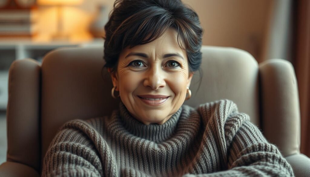 A warm, caring woman with a nurturing expression and kind eyes, dressed in a cozy sweater, sitting in a comfortable armchair. The lighting is soft and natural, highlighting her face and creating a sense of intimacy. The background is blurred, putting the focus on her and conveying a feeling of home and belonging. This image should evoke the universal concept of "mom" - a loving, supportive figure who provides comfort and guidance.
