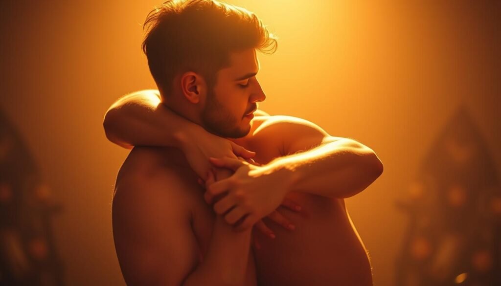 A warm, intimate scene of two men embracing, their bodies intertwined in a tender, passionate embrace. The lighting is soft and diffused, casting a warm, golden glow over their figures. The men's expressions are filled with love, vulnerability, and deep connection. The background is blurred, keeping the focus on the emotional intimacy between the two figures. The composition is balanced and harmonious, conveying a sense of harmony and closeness. The overall mood is one of deep affection, vulnerability, and profound human connection. A warm, intimate scene of two men embracing, their bodies intertwined in a tender, passionate embrace. The lighting is soft and diffused, casting a warm, golden glow over their figures. The men's expressions are filled with love, vulnerability, and deep connection. The background is blurred, keeping the focus on the emotional intimacy between the two figures. The composition is balanced and harmonious, conveying a sense of harmony and closeness. The overall mood is one of deep affection, vulnerability, and profound human connection.