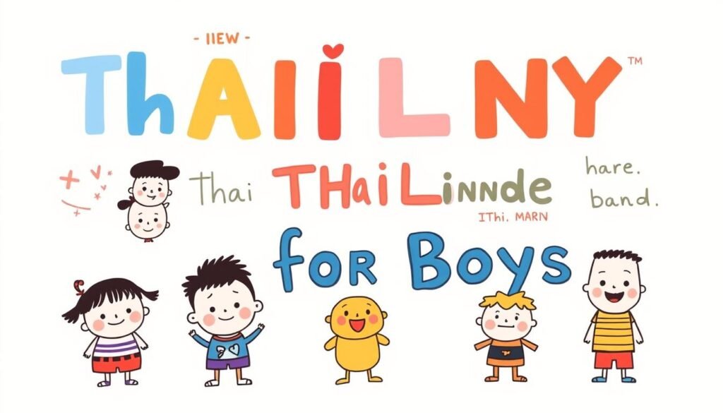 A warm, inviting illustration of a collection of Thai nicknames for boys, depicted in a stylized and whimsical manner. The foreground features a group of hand-drawn, colorful characters with distinct personalities, each representing a unique and endearing nickname. The middle ground showcases a variety of playful and expressive typographic elements, highlighting the selected nicknames in a visually engaging way. The background maintains a soft, pastel-toned ambiance, creating a sense of comfort and approachability. The overall composition conveys a sense of joy, creativity, and the rich cultural heritage of Thai naming traditions. A warm, inviting illustration of a collection of Thai nicknames for boys, depicted in a stylized and whimsical manner. The foreground features a group of hand-drawn, colorful characters with distinct personalities, each representing a unique and endearing nickname. The middle ground showcases a variety of playful and expressive typographic elements, highlighting the selected nicknames in a visually engaging way. The background maintains a soft, pastel-toned ambiance, creating a sense of comfort and approachability. The overall composition conveys a sense of joy, creativity, and the rich cultural heritage of Thai naming traditions.