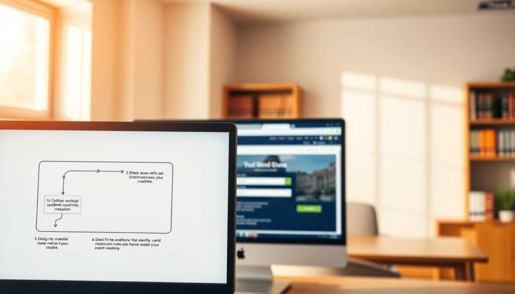 A well-designed online academic credential verification process. In the foreground, a computer monitor displays a simplified workflow diagram with numbered steps, guiding the user through the online verification procedure. The middle ground features an official government website interface, showcasing the credential lookup functionality. In the background, a serene office setting with bookshelves and a desk, conveying a professional, authoritative atmosphere. Warm, natural lighting illuminates the scene, creating a sense of clarity and reliability. The overall composition emphasizes the intuitive, streamlined nature of the online credential verification system. A well-designed online academic credential verification process. In the foreground, a computer monitor displays a simplified workflow diagram with numbered steps, guiding the user through the online verification procedure. The middle ground features an official government website interface, showcasing the credential lookup functionality. In the background, a serene office setting with bookshelves and a desk, conveying a professional, authoritative atmosphere. Warm, natural lighting illuminates the scene, creating a sense of clarity and reliability. The overall composition emphasizes the intuitive, streamlined nature of the online credential verification system.