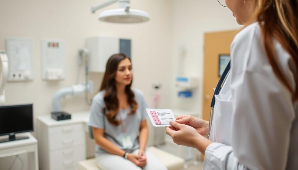 A well-lit clinical setting, with a medical professional standing in the foreground, holding a packet of emergency contraceptive pills. In the middle ground, a young woman sits on an examination table, attentively listening as the professional explains the proper usage and safety guidelines. The background features clean, modern medical equipment and décor, conveying a sense of professionalism and care. The lighting is warm and inviting, creating a comforting atmosphere. The overall scene communicates the importance of responsible and informed use of emergency contraception. A well-lit clinical setting, with a medical professional standing in the foreground, holding a packet of emergency contraceptive pills. In the middle ground, a young woman sits on an examination table, attentively listening as the professional explains the proper usage and safety guidelines. The background features clean, modern medical equipment and décor, conveying a sense of professionalism and care. The lighting is warm and inviting, creating a comforting atmosphere. The overall scene communicates the importance of responsible and informed use of emergency contraception.
