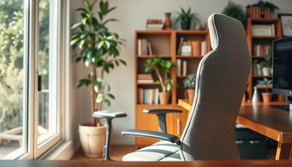 A well-lit, cozy home office setting with a stylish, ergonomic office chair positioned at a wooden desk. The chair has a modern, minimalist design with a high back and plush, gray upholstery. It's situated near a large window, allowing natural light to flood the space. In the background, bookshelves and potted plants create a warm, inviting atmosphere. The angle captures the chair from a slightly elevated perspective, showcasing its clean lines and functionality. The overall scene conveys a sense of productivity, comfort, and seamless integration of technology into a Thai domestic setting. A well-lit, cozy home office setting with a stylish, ergonomic office chair positioned at a wooden desk. The chair has a modern, minimalist design with a high back and plush, gray upholstery. It's situated near a large window, allowing natural light to flood the space. In the background, bookshelves and potted plants create a warm, inviting atmosphere. The angle captures the chair from a slightly elevated perspective, showcasing its clean lines and functionality. The overall scene conveys a sense of productivity, comfort, and seamless integration of technology into a Thai domestic setting.