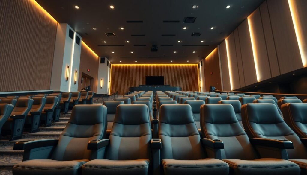 A well-lit, high-quality image showcasing the interior of a modern Thai cinema complex. The frame focuses on a row of comfortable, plush theater seats, inviting the viewer to select their preferred spot. The seats are arranged in a clean, symmetrical layout, with ample legroom and armrests. The background features the sleek, contemporary design of the cinema's lobby, with warm lighting and minimalist decor elements that convey a sense of sophistication and elegance. The overall atmosphere is one of anticipation and excitement, setting the stage for an immersive movie-going experience. A well-lit, high-quality image showcasing the interior of a modern Thai cinema complex. The frame focuses on a row of comfortable, plush theater seats, inviting the viewer to select their preferred spot. The seats are arranged in a clean, symmetrical layout, with ample legroom and armrests. The background features the sleek, contemporary design of the cinema's lobby, with warm lighting and minimalist decor elements that convey a sense of sophistication and elegance. The overall atmosphere is one of anticipation and excitement, setting the stage for an immersive movie-going experience.