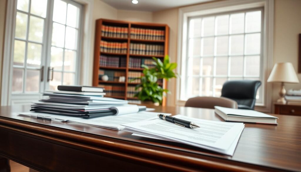 A well-lit office interior, with a large wooden desk in the foreground. On the desk, an assortment of legal documents, folders, and a pen resting on a stack of papers, suggesting the process of filing a lawsuit. In the middle ground, a bookshelf filled with law books and a potted plant, adding a sense of professionalism. The background features a large window, allowing natural light to flood the room and creating a warm, inviting atmosphere. The overall scene conveys the formal and meticulous nature of the legal filing process, with a sense of expertise and authority.