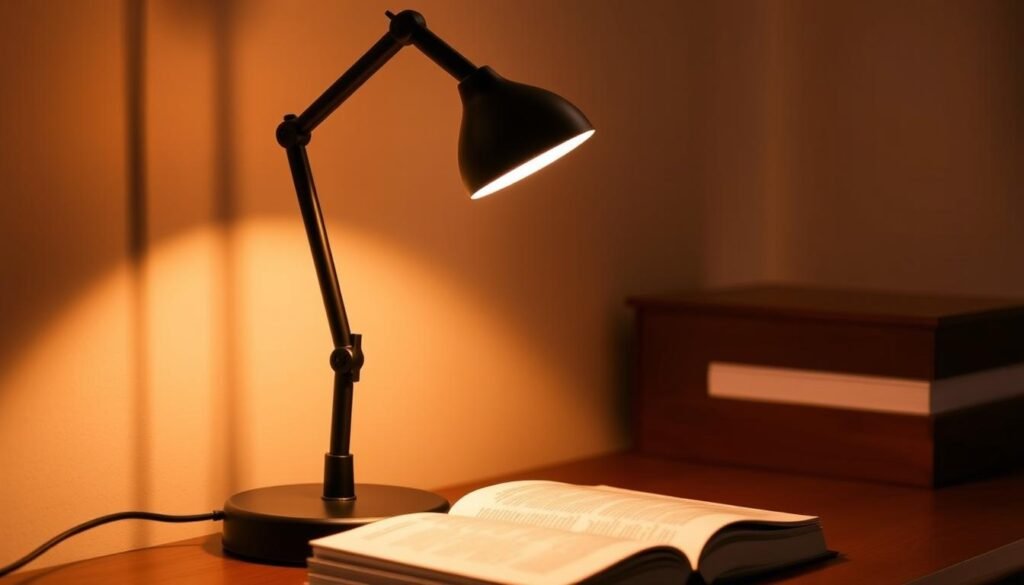 A well-lit table lamp with a sleek, modern design, its adjustable arm and lamp head positioned to illuminate a book on the desk below. The lamp's base is a sturdy, weighted metal in a matte black finish, complementing the warm, diffused light emitted from the softly glowing lampshade. The lighting casts a cozy, inviting atmosphere, perfect for focused reading and study. The scene is shot from a slightly elevated angle, showcasing the lamp's elegant silhouette and attention to detail. A well-lit table lamp with a sleek, modern design, its adjustable arm and lamp head positioned to illuminate a book on the desk below. The lamp's base is a sturdy, weighted metal in a matte black finish, complementing the warm, diffused light emitted from the softly glowing lampshade. The lighting casts a cozy, inviting atmosphere, perfect for focused reading and study. The scene is shot from a slightly elevated angle, showcasing the lamp's elegant silhouette and attention to detail.