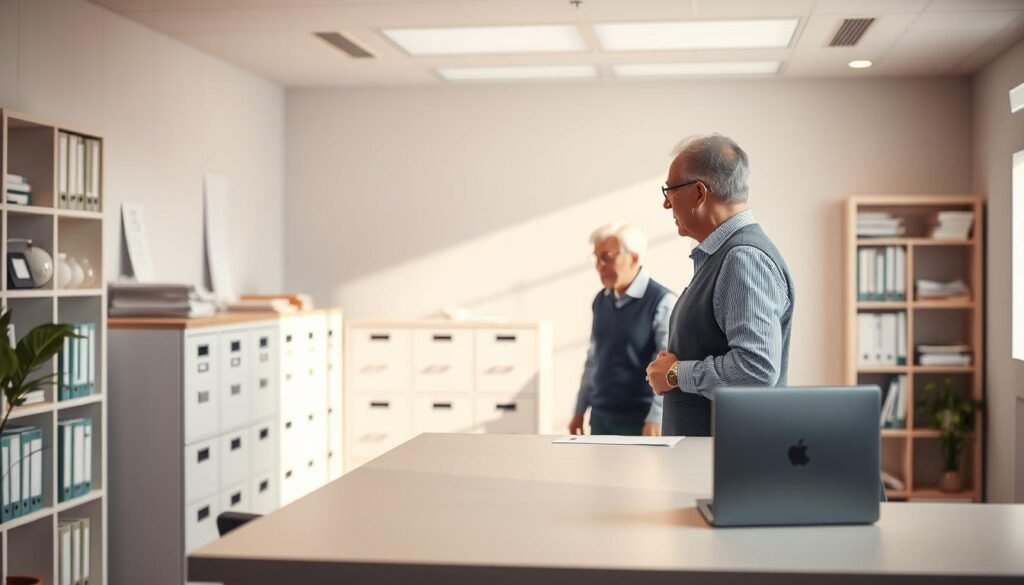 A well-organized office setting, with a reception desk in the foreground. Behind the desk, a series of document filing cabinets and shelves, suggesting the necessary paperwork required for the pension process. Soft, natural lighting illuminates the scene, creating a calm and professional atmosphere. In the middle ground, an elderly person standing at the desk, interacting with a polite and attentive staff member. The background features a clean, minimalist design, with a sense of order and efficiency. The overall composition conveys the streamlined process of receiving the elderly pension, with a focus on the necessary documentation and personal assistance. A well-organized office setting, with a reception desk in the foreground. Behind the desk, a series of document filing cabinets and shelves, suggesting the necessary paperwork required for the pension process. Soft, natural lighting illuminates the scene, creating a calm and professional atmosphere. In the middle ground, an elderly person standing at the desk, interacting with a polite and attentive staff member. The background features a clean, minimalist design, with a sense of order and efficiency. The overall composition conveys the streamlined process of receiving the elderly pension, with a focus on the necessary documentation and personal assistance.