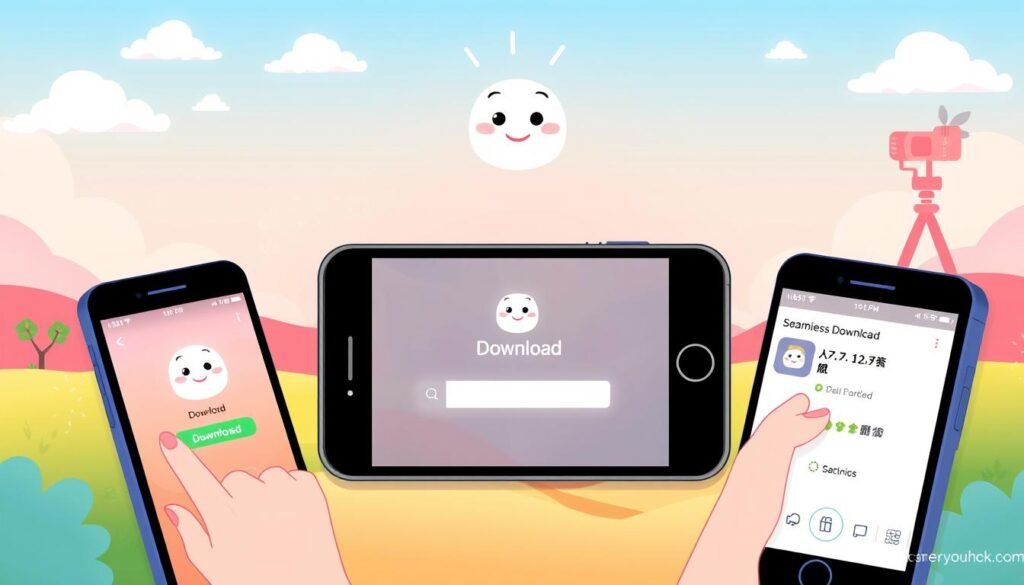 A whimsical illustration of the "ติ้กต้อก" mobile app, showcasing its seamless download process on Android and iPhone devices. The scene depicts a vibrant, playful landscape with a central focus on the app's iconic logo - a charming, smiling character against a backdrop of pastel-hued clouds, sunbeams, and a serene, gradient sky. The foreground features a smartphone screen displaying the app's download progress, while the middle ground showcases various gestures and interactions, such as tapping the download button and swiping through the installation process. The background incorporates subtle references to the app's functionality, such as video recording equipment or sharing icons, all rendered in a warm, illustrative style that captures the app's user-friendly and accessible nature. A whimsical illustration of the "ติ้กต้อก" mobile app, showcasing its seamless download process on Android and iPhone devices. The scene depicts a vibrant, playful landscape with a central focus on the app's iconic logo - a charming, smiling character against a backdrop of pastel-hued clouds, sunbeams, and a serene, gradient sky. The foreground features a smartphone screen displaying the app's download progress, while the middle ground showcases various gestures and interactions, such as tapping the download button and swiping through the installation process. The background incorporates subtle references to the app's functionality, such as video recording equipment or sharing icons, all rendered in a warm, illustrative style that captures the app's user-friendly and accessible nature.