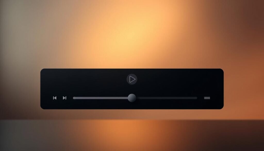 An elegant, minimalist video player interface with a sleek, matte-black design. The player controls are simple and intuitive, with a large central play/pause button, volume slider, and a timeline scrubber. The background is a soft, blurred gradient, creating a sense of depth and focus on the player. Warm, diffused lighting casts a subtle glow, setting a contemplative, engrossing mood. The entire scene conveys a premium, high-quality video viewing experience tailored for the modern, discerning viewer.