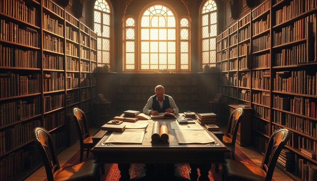 An intricately detailed library study, bathed in warm, golden light filtering through tall windows. Bookshelves line the walls, their spines casting intricate shadows. In the center, a large wooden table is adorned with various research materials - scrolls, maps, and ancient tomes. A scholar sits intently, poring over documents, surrounded by the quiet focus of academic pursuit. The atmosphere is one of intellectual curiosity and methodical investigation, inviting the viewer to engage in the process of verifying sources and expanding their understanding. An intricately detailed library study, bathed in warm, golden light filtering through tall windows. Bookshelves line the walls, their spines casting intricate shadows. In the center, a large wooden table is adorned with various research materials - scrolls, maps, and ancient tomes. A scholar sits intently, poring over documents, surrounded by the quiet focus of academic pursuit. The atmosphere is one of intellectual curiosity and methodical investigation, inviting the viewer to engage in the process of verifying sources and expanding their understanding.